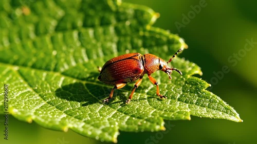 Brown beetle resting on lush green leaf in natural sunlight