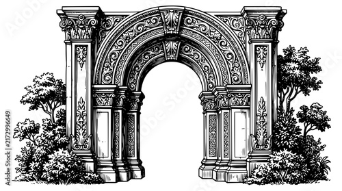 Ornate architectural archway vector graphic with classical stone column details