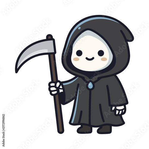Фотография Cute grim reaper character holding a scythe for Halloween vector illustration