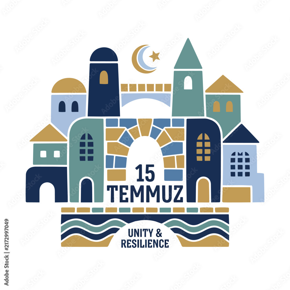 Fototapeta premium Stylized city emblem celebrating unity and resilience for 15 temmuz.
