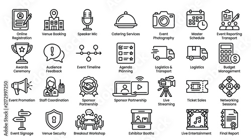 Event management and conference planning icons pack showcasing logistics catering registration and venue coordination services for corporate professional.