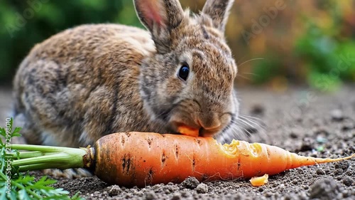 Brown rabbit eating orange carrot in garden soil close up shot