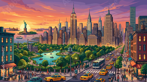 Vibrant City Skyline View of Central Park at Sunset with Skyscrapers