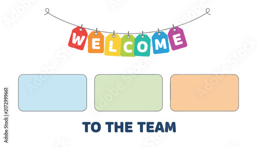 Onboarding template with colorful welcome banner tags and three blank rectangular cards on a white background.