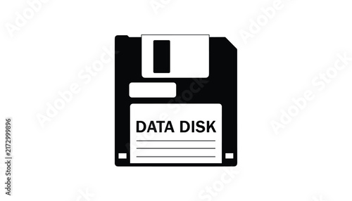 Black silhouette icon of an old-school data floppy disk representing vintage computing technology and data storage.