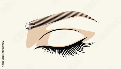 Elegant makeup illustration depicting a closed female eye with long thick eyelashes and a perfectly shaped eyebrow.