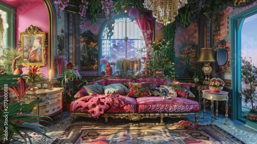 Luxury bedroom with ornate decor and floral patterns in vintage fantasy style interior