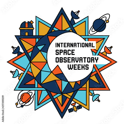 International Space Observatory Weeks emblem with rocket telescope and stars.