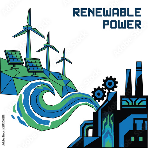 Renewable energy illustration with wind turbines solar panels and recycling earth.