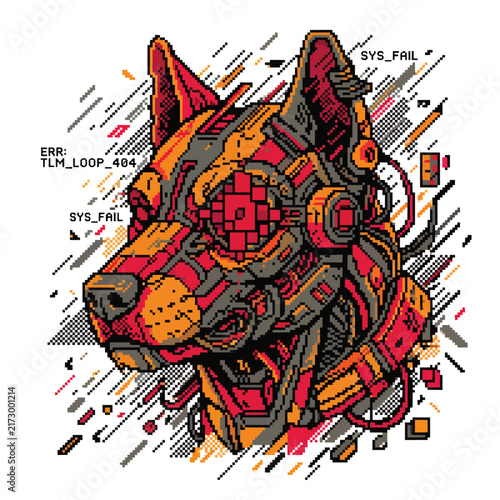 Cyberpunk robotic dog head with circuit gear design illustration.