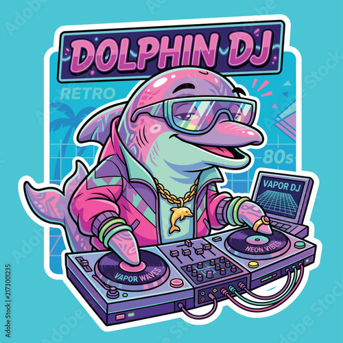 Cartoon dolphin DJ performing with headphones and turntable music.
