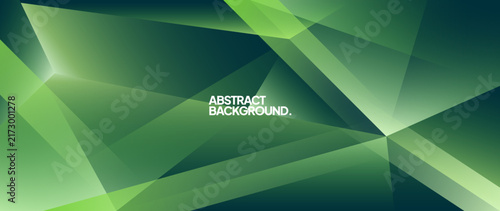 Abstract green geometric background with sharp polygonal low poly shapes, light refraction effects, and dynamic low poly technology design template for banner, presentation