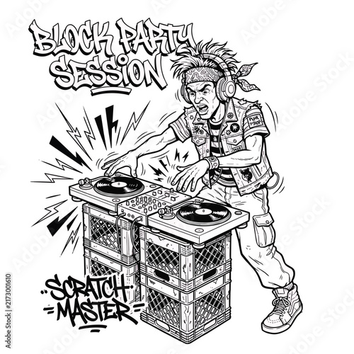 Graffiti style DJ scratching turntables with headphones performing music.