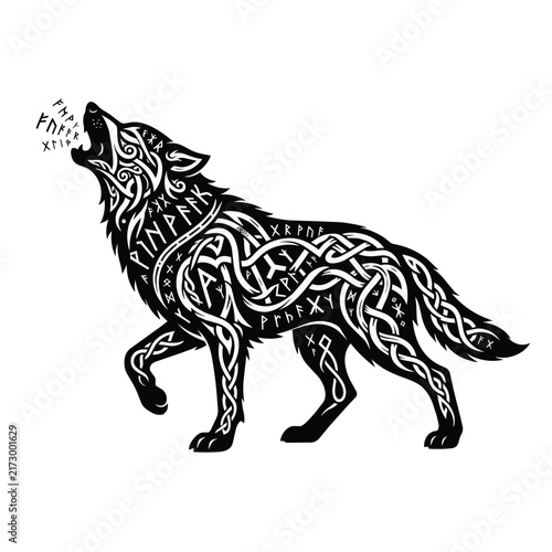 Stylized wolf head with celtic knotwork tattoo illustration.