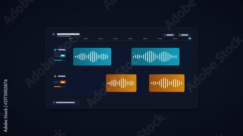 Multi track podcast dialogue timeline with animated speech waveforms