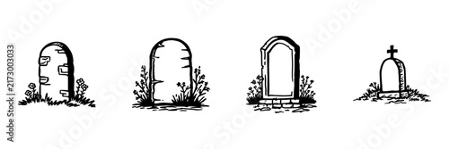 Gravestone In Hand Drawn Style Set. Memorial And Remembrance Doodle Sketch Collection. Cemetery And Funeral Context. Isolated Vector Illustration