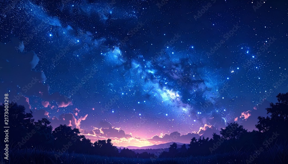 Fototapeta premium Starry Night Sky with Bright Stars and Nebula Galaxy, Abstract Cosmic Space Background in Deep Blue and Black Tones, Astronomy and Universe Concept