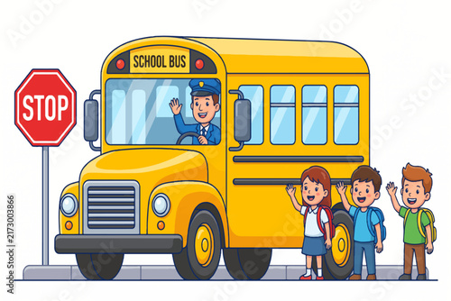 Konstfotografi Back to School with Yellow School Bus and School Kids, Children Riding Public Transportation to School, Education and Travel Cartoon Vector Illustration