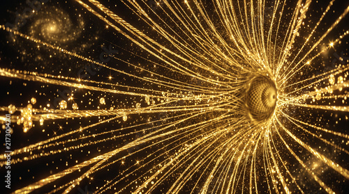 Golden fiber optic tunnel cosmic background with sparkling light particles and radiant energy flow in deep space representing high speed data transfer technology and celestial transcendence