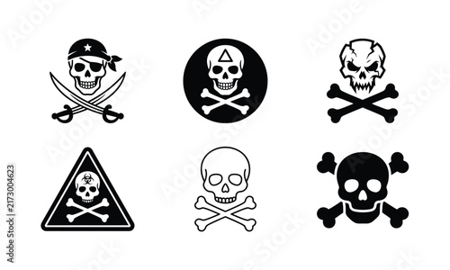 Картината върху платно Set of black skull with crossbones and swords in various styles icon vector illustration on transparent