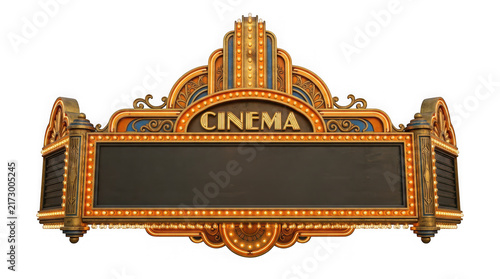 Retro art deco cinema marquee sign isolated on transparent background