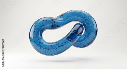 3D blue translucent glass infinity loop with air bubbles on white background