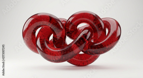 3D Abstract Red Glass Interlocking Rings with Bubbles