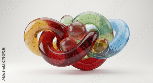 Abstract 3D Intertwined Colorful Glass Tubes with Bubbles on White Background