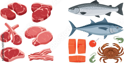 Set of fresh raw meat and seafood vector illustrations featuring steak, fish, and crab