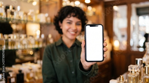 Friendly shop assistant presents a clear smartphone screen, ideal for your app demo or digital advertising campaign