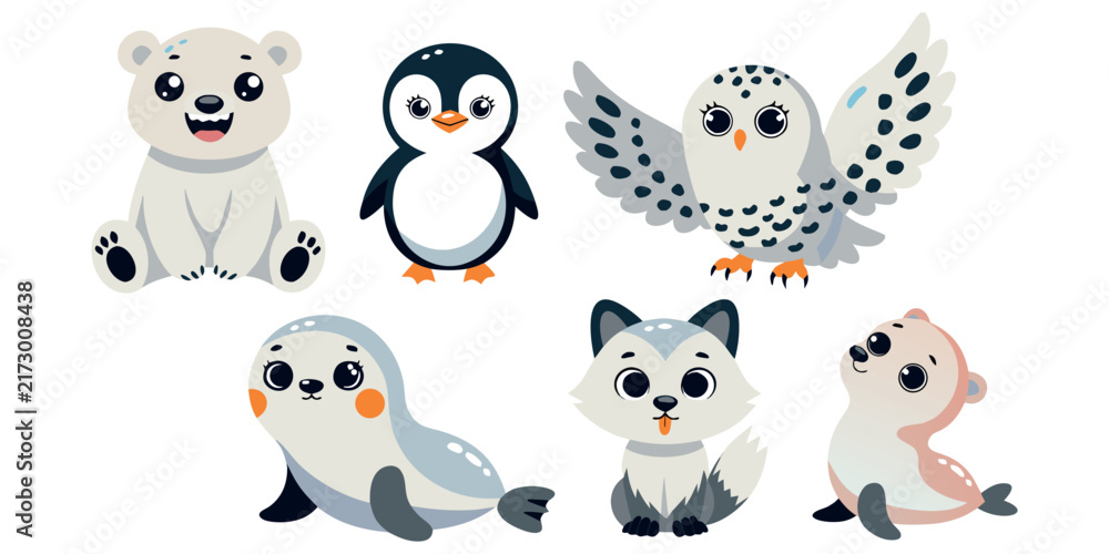 Obraz premium Arctic Animals cartoon. Arctic Animals vector. Arctic Animals art. Arctic Animals icon. Arctic Animals Art. Arctic Animals Set, Polar Bear, Penguin, Seal and Arctic Fox Cartoon Vector Illustration.