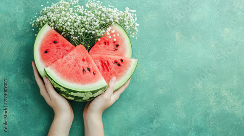 Hands holding creative watermelon slice bouquet with fresh green rind and white flower garnish on teal background