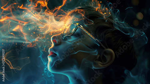 Abstract human profile with glowing neural network and digital brain waves in dark futuristic setting