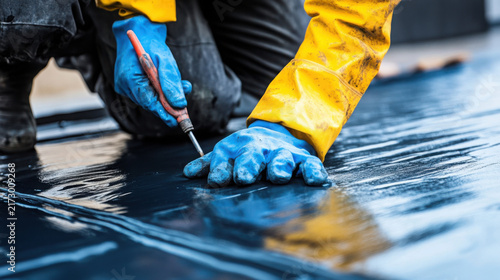 Waterproofing technician sealing foundation with liquid rubber membrane in protective gear