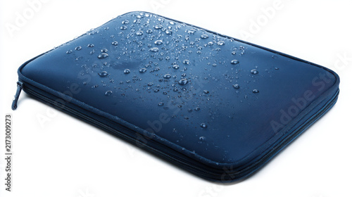 Dark blue waterproof laptop sleeve with water droplets isolated on white background