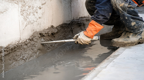 Professional waterproofing technician sealing concrete foundation crack with trowel and liquid sealant