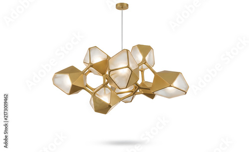 Modern gold geometric chandelier isolated on white background for luxury interior design.
