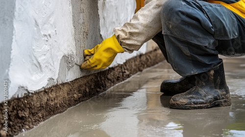 Professional waterproofing technician applying sealant to home foundation crack with yellow gloves