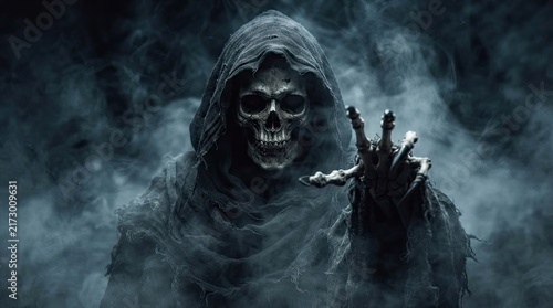 Hooded skeletal figure with skull face reaching hand forward through dark smoke with skeleton figure extends through swirling blue extends bony supernatural frightening mysterious mortality with death