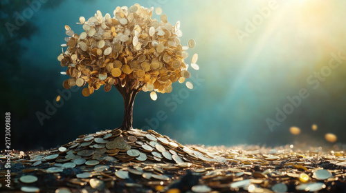 Golden coin tree symbolizing financial growth and investment success on rocky hilltop at sunrise