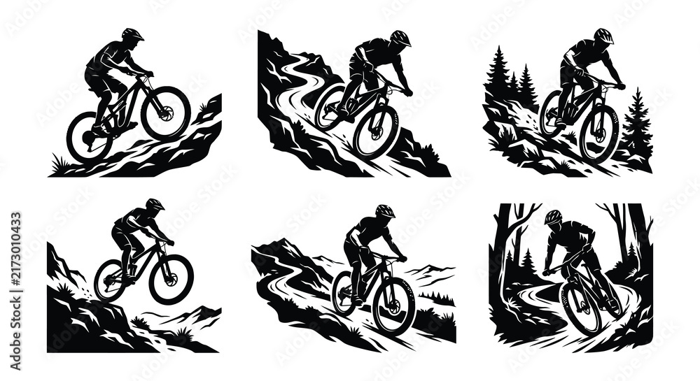 Fototapeta premium Mountain biker silhouettes depict active outdoor recreation and extreme sports