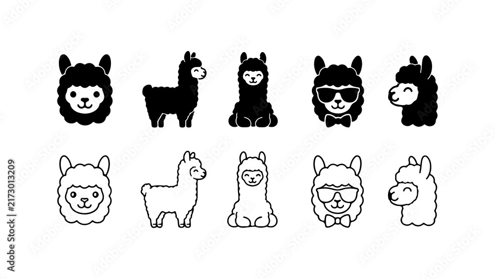 Naklejka premium Llama Icon Set in Silhouette and Line Art Style