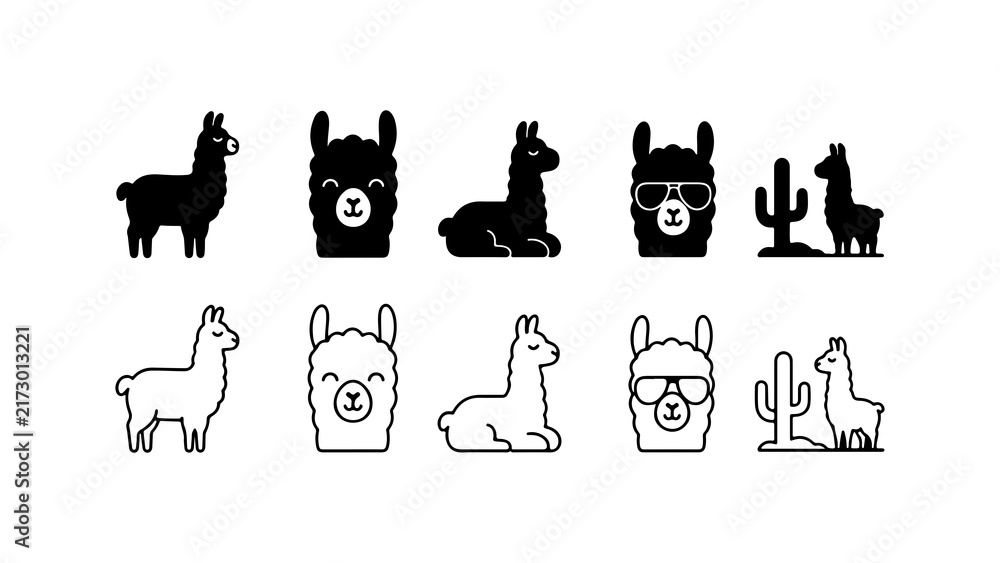 Naklejka premium Llama Icon Set in Silhouette and Line Art Style