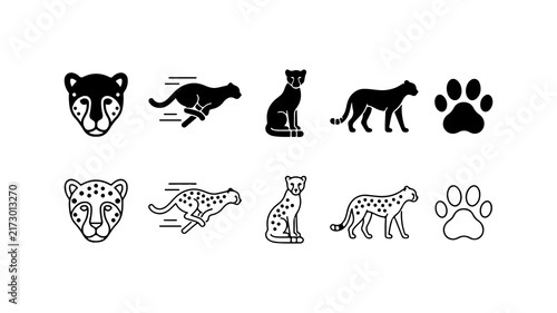 Canvas Print Cheetah Icon Set in Silhouette and Line Art Style