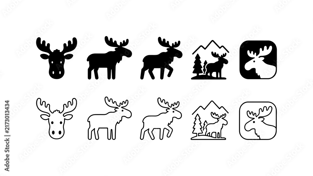 Obraz premium Moose Animal Icon Set in Silhouette and Line Art Style