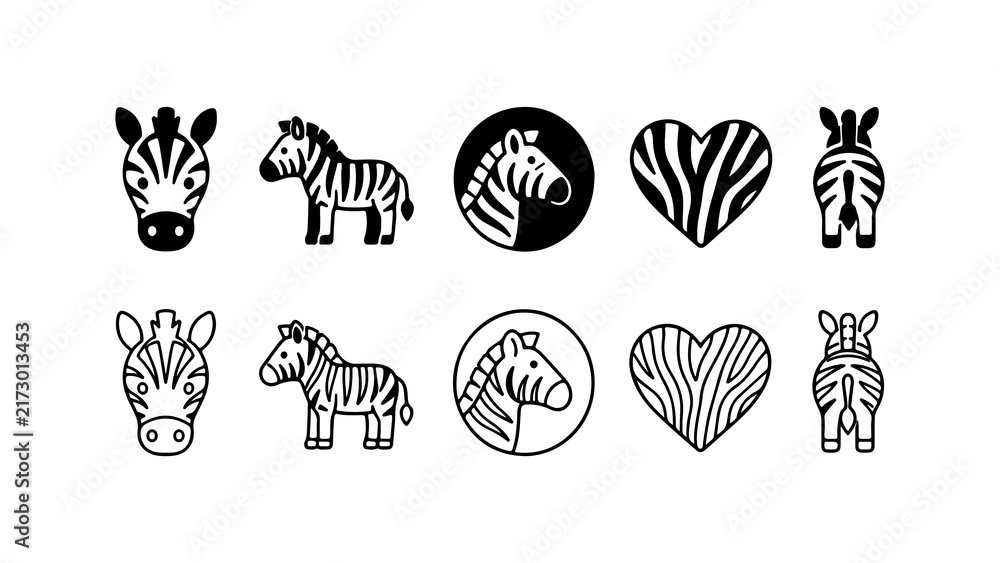 Naklejka premium Zebra Icon Set Silhouette and Outline Vector Illustration