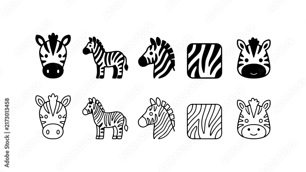 Naklejka premium Zebra Icon Set in Silhouette and Line Art Style