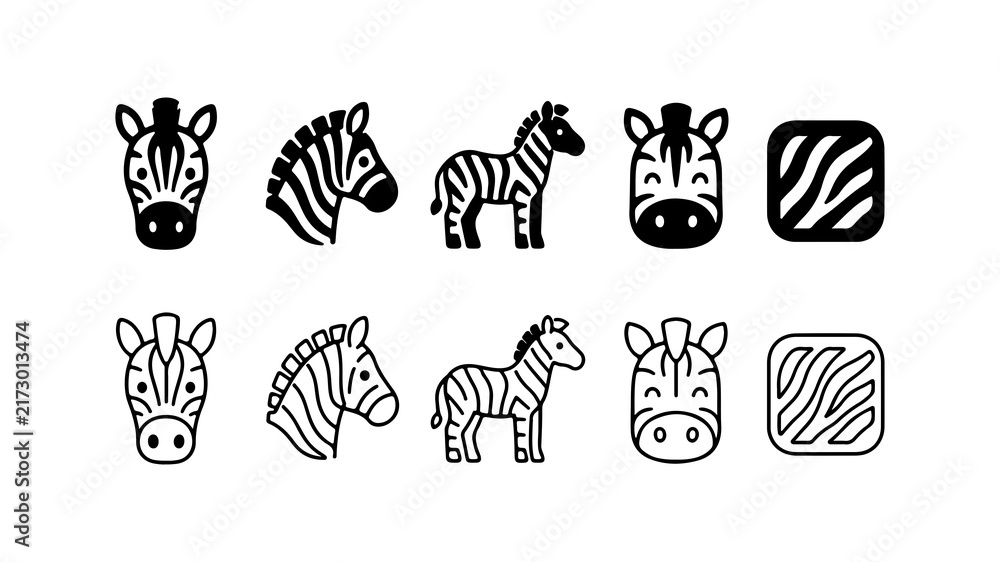 Naklejka premium Zebra Icon Set in Black Silhouette and Line Art Style