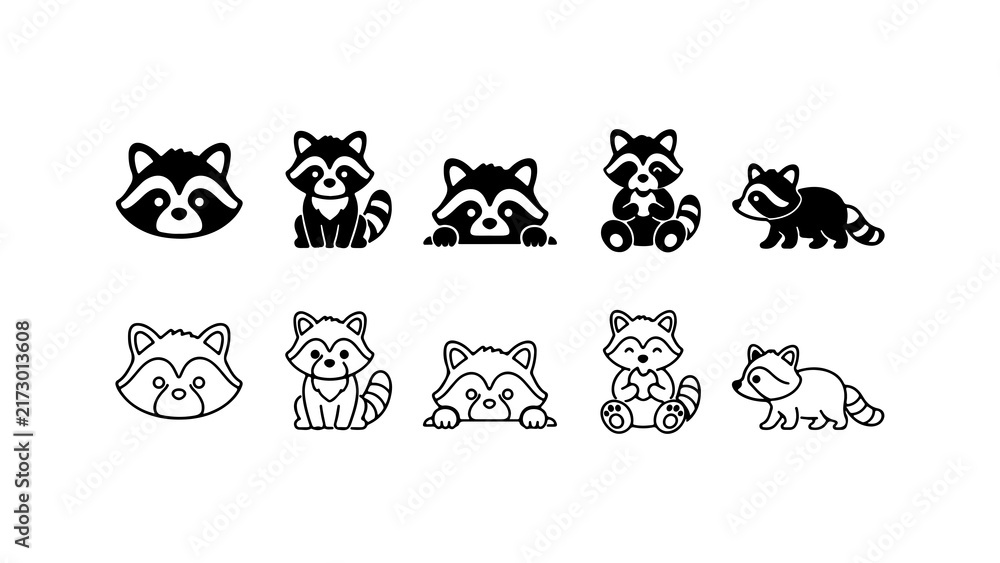 Fototapeta premium Raccoon Icon Set in Silhouette and Line Art Style