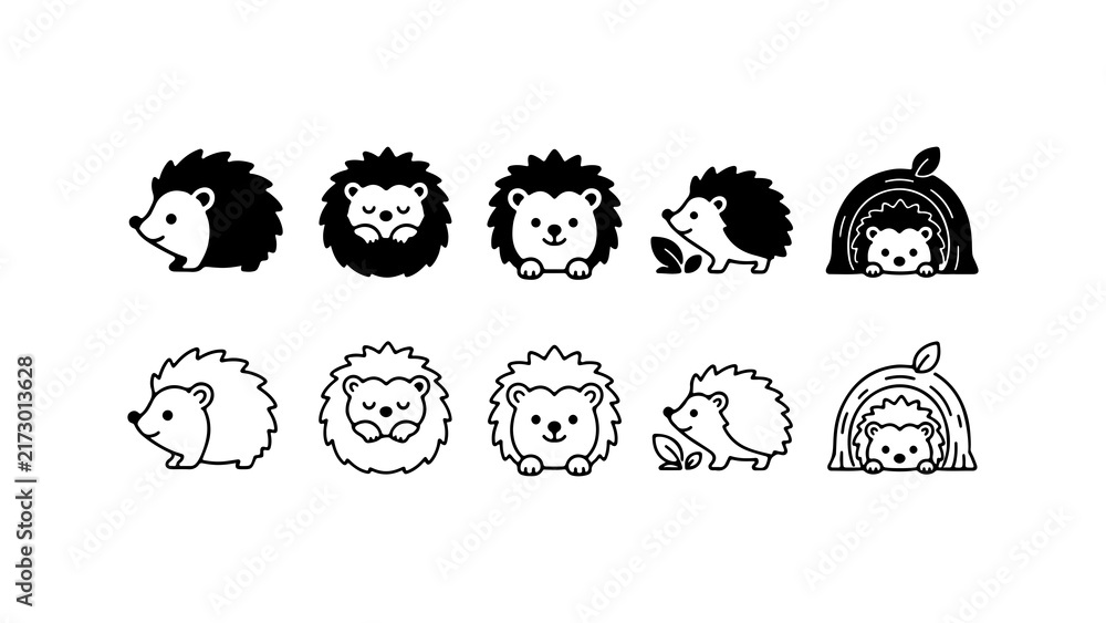 Fototapeta premium Cute Hedgehog Icon Set in Silhouette and Outline Style